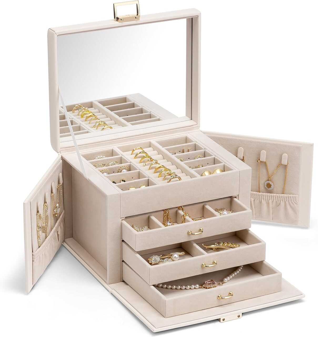Jewelry Box 4-Tier,Jewelry Boxes & Organizers with Handle,3 Drawers Travel Jewelry Case with Mirror,Jewelry Storage,Earrings Necklace Rings Valentine Birthday Gift for Women Girl Apricot White
